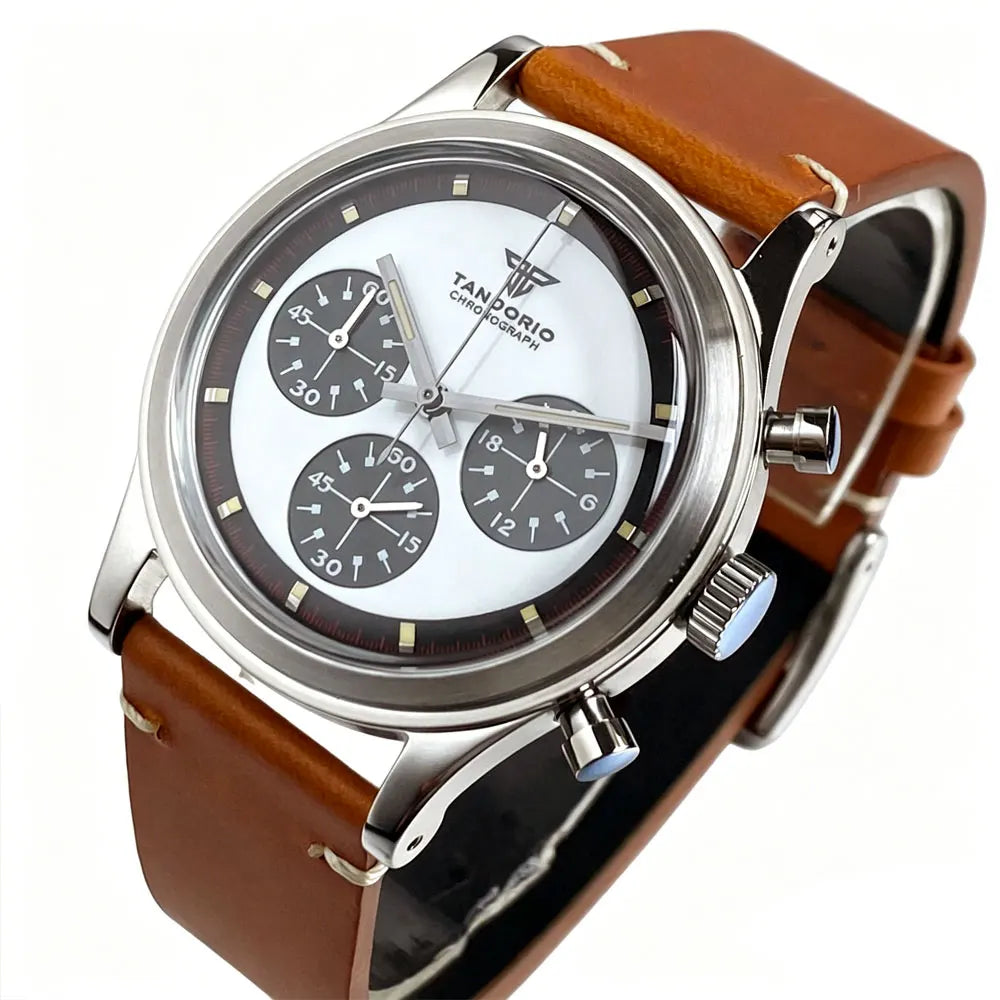 Luxury 38mm Tandorio Chronograph Quartz Men Watch VK63 Domed Glass Retro Business Clock Push Pull Crown
