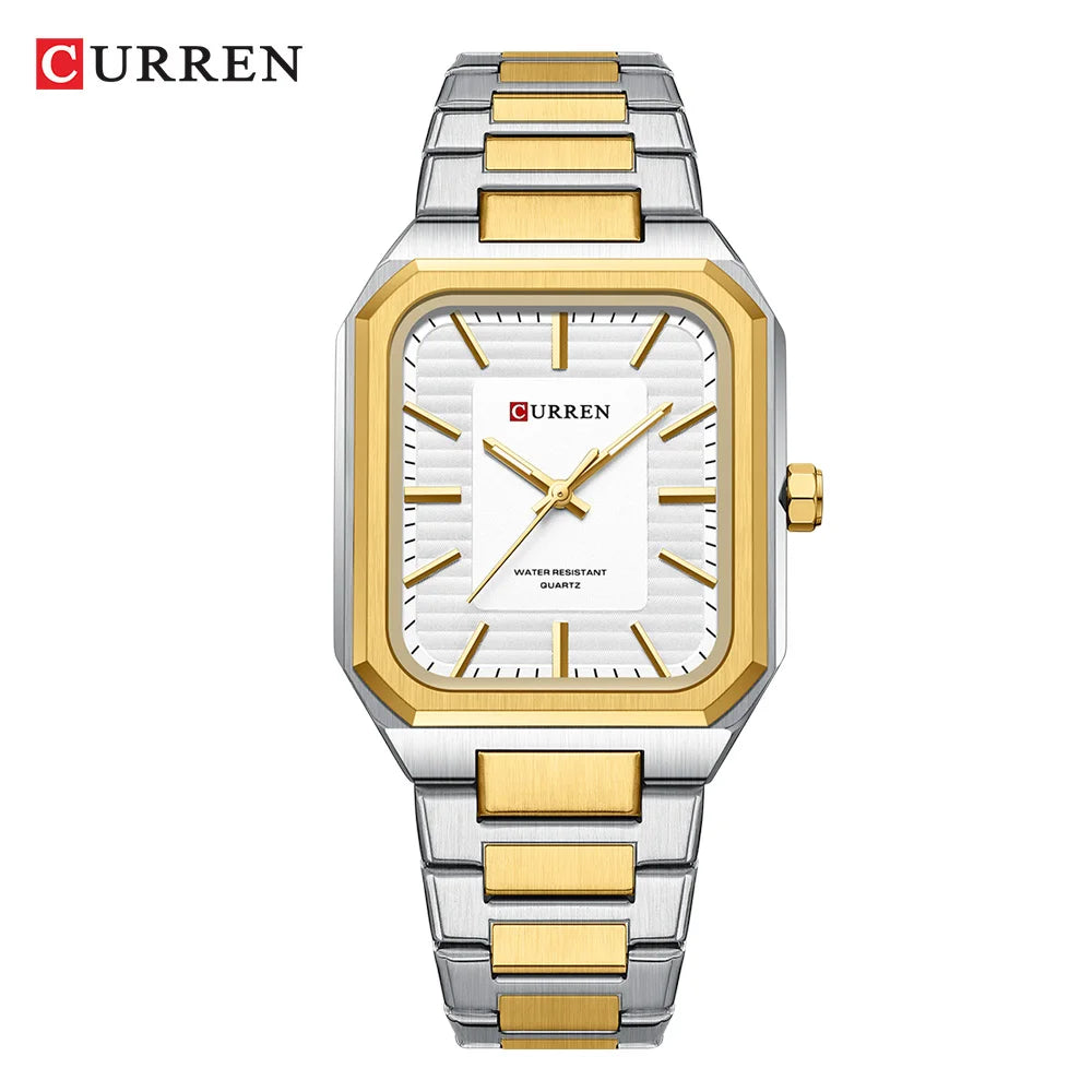 CURREN NEW Stainless Steel Strap Vintage Rectangle Dial Quartz Watches for Men Luminous Hands Waterproof