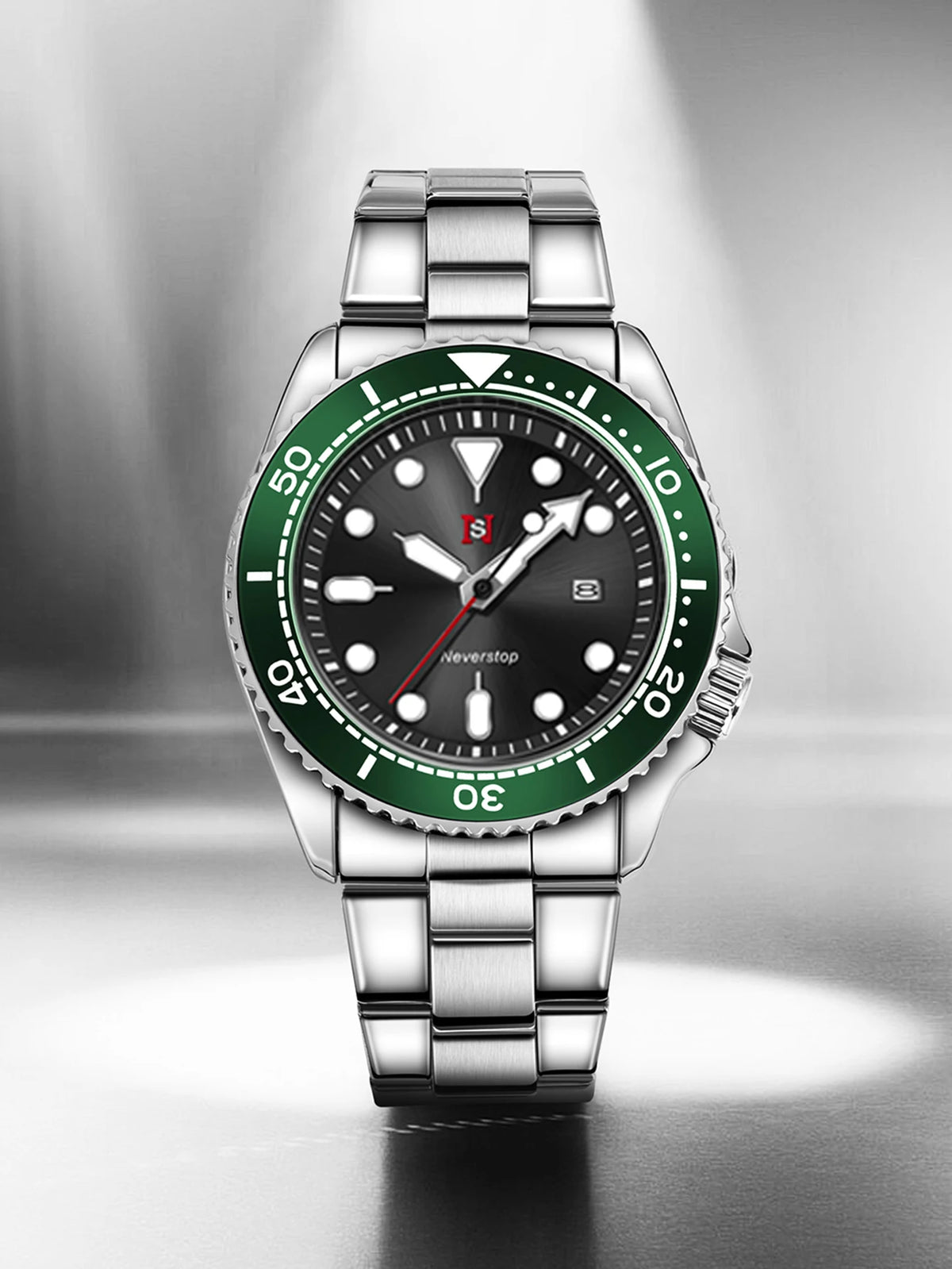 NS Mens Sports Watch | Multi-Color High-Contrast Dial and Markers Ceramic Bezel Stainless Steel Band Versatile Style