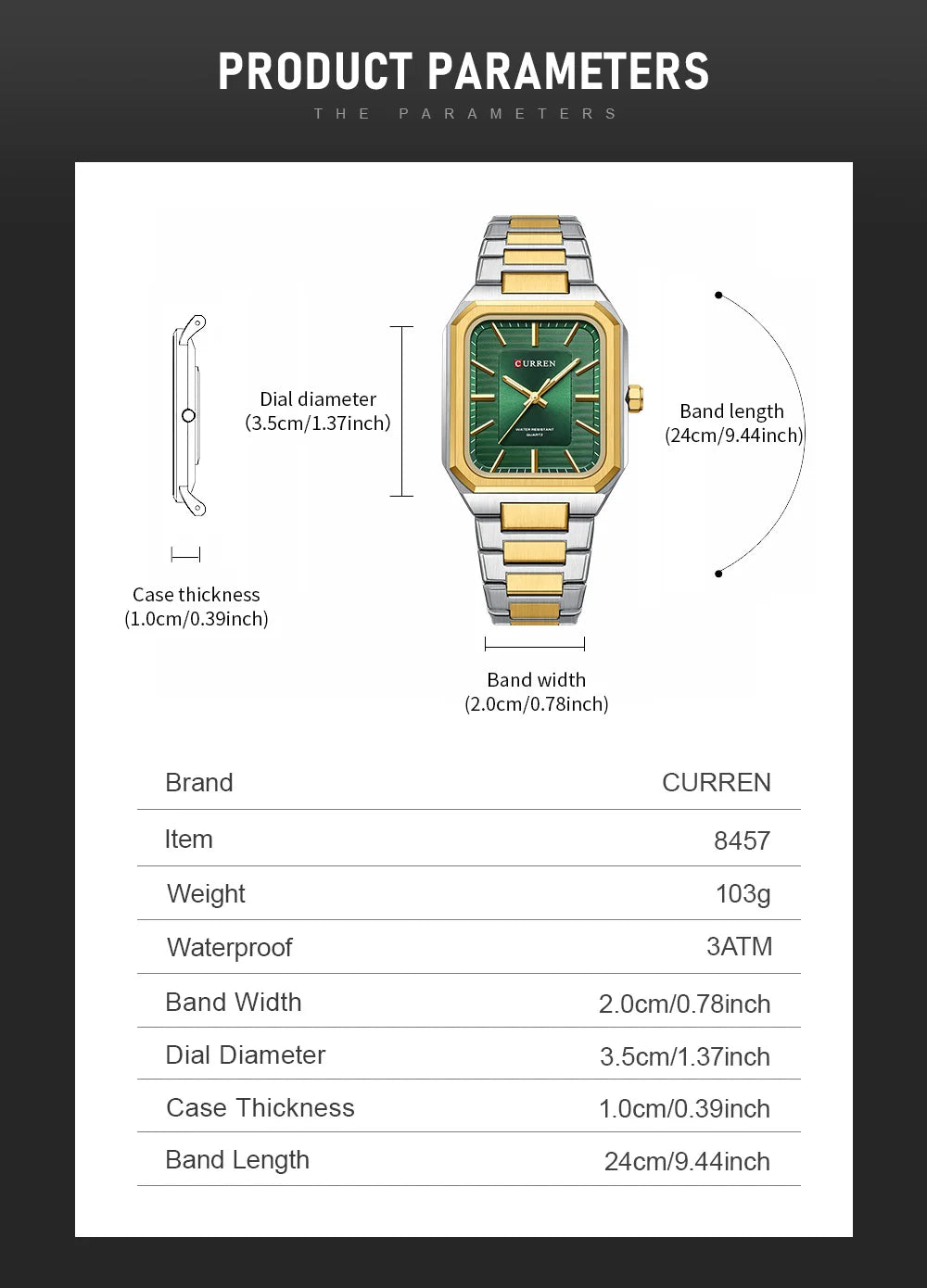 CURREN NEW Stainless Steel Strap Vintage Rectangle Dial Quartz Watches for Men Luminous Hands Waterproof