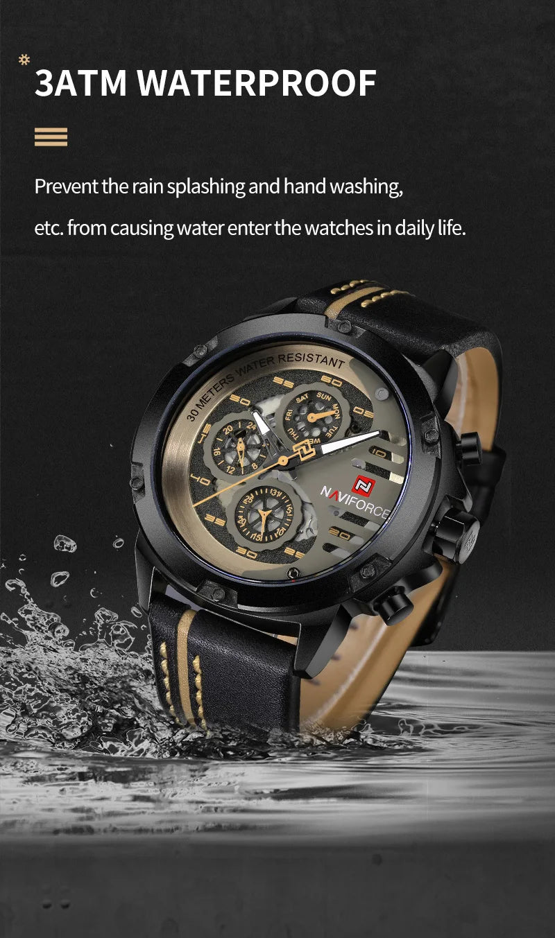 NAVIFORCE Men's Sports 24H Display Date Calendar Waterproof Watch Luminous Genuine Leather Strap Quartz Wristwatch Reloj Hombre