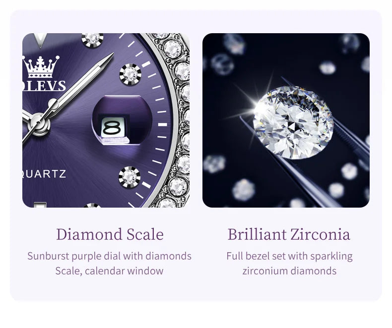 OLEVS 9945 Women's Watches Elegant Purple Full Diamond Dial Solid Stainless Steel Auto Date Waterproof Quartz Watch for Women