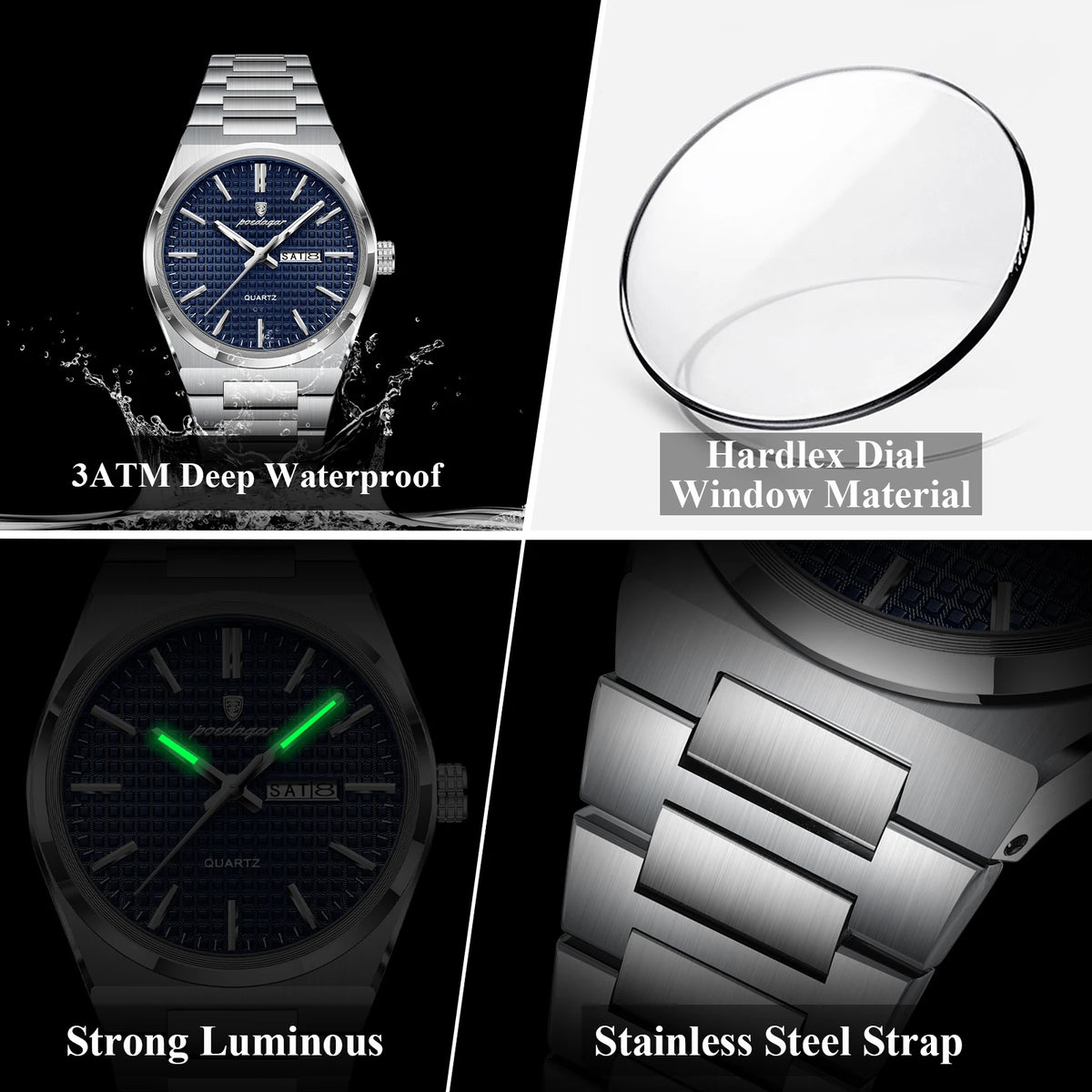 POEDAGAR Youth Fashion Men Clock Luminous Waterproof Stainless Steel Men's Watch Date Week Business Quartz Watches For Man Reloj