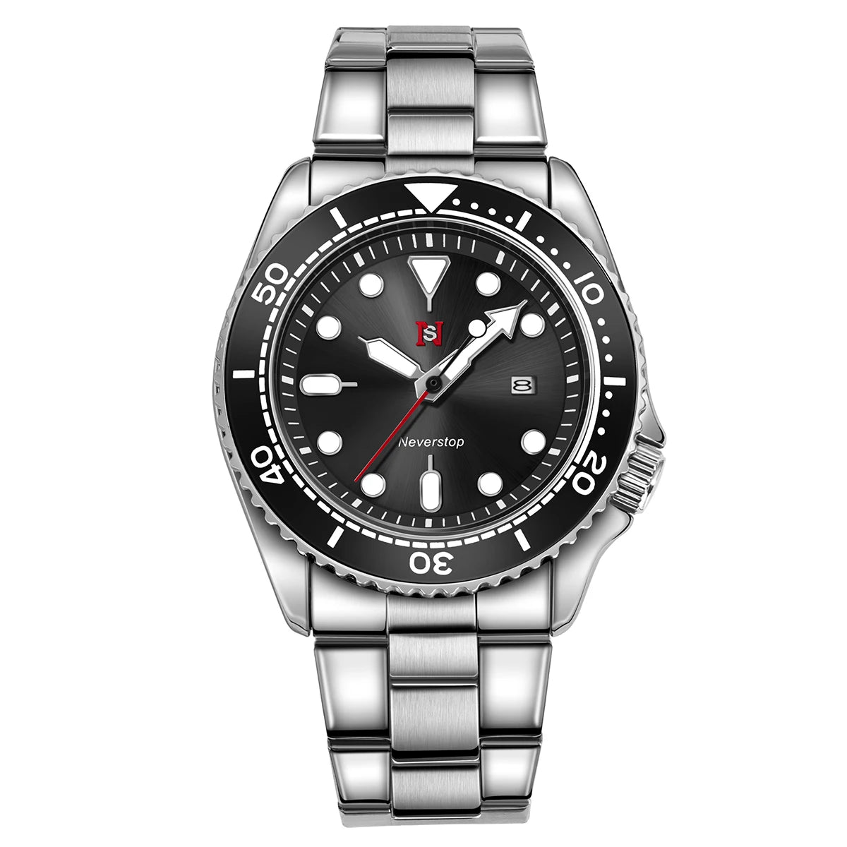 NS Mens Sports Watch | Multi-Color High-Contrast Dial and Markers Ceramic Bezel Stainless Steel Band Versatile Style