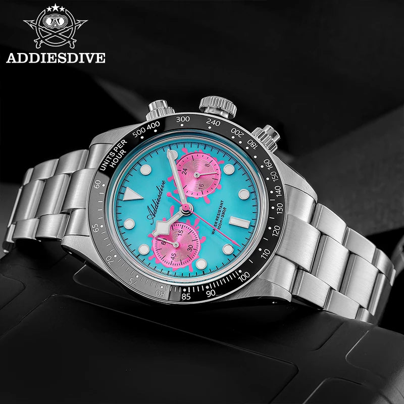 ADDIESDIVE Watches AD2520 Men VK64 Quartz Chronograph Watch Luminous Ceramic Bezel 40mm Bubble Glass 100m Waterproof Wristwatch