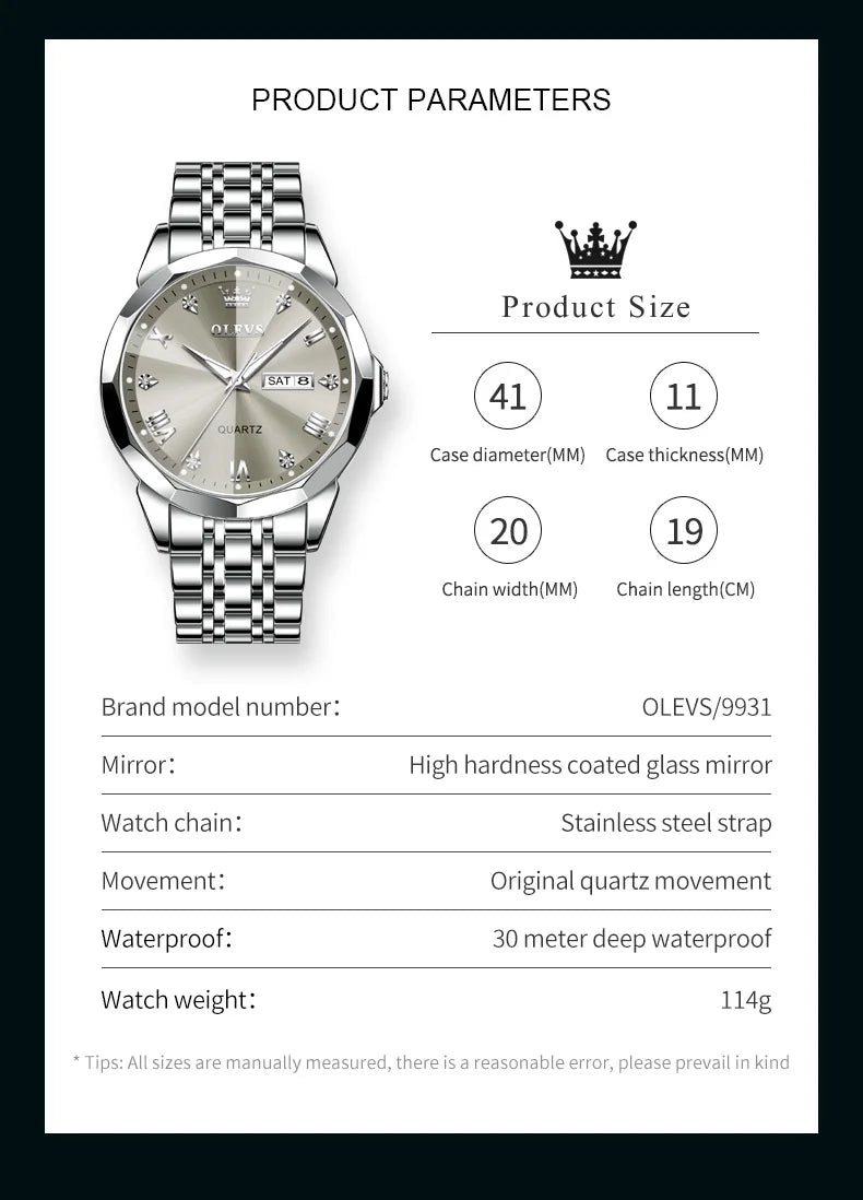 OLEVS Brand 9931 New Quartz Stainless Steel Strap Man Wristwatch Retro Hot Style Great Quality Fashion Waterproof Watch for Men
