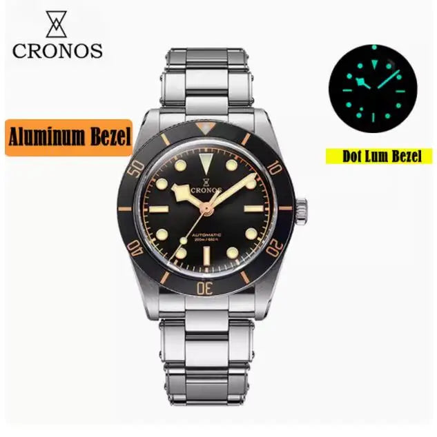 CRONOS Men Automatic Watch 37mm Mechanical Wristwatch Sapphire Diver 20ATM Waterproof BGW-9 Luminous PT5000 SW200 Mov.