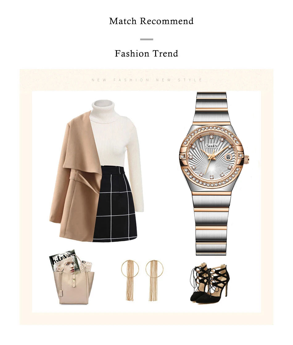 Sunkta Woman Watch LIGE Fashion Luxury Elegant Retro Diamond Simple Stainless Waterproof Casual Calendar Quartz Women's Watches