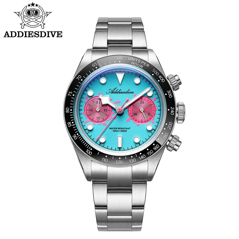 ADDIESDIVE Watches AD2520 Men VK64 Quartz Chronograph Watch Luminous Ceramic Bezel 40mm Bubble Glass 100m Waterproof Wristwatch