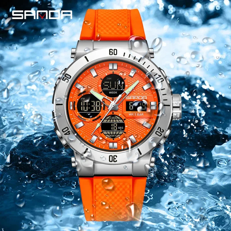 SANDA Chic Sport Men's Watch Orange Silicone Strap Luxury Waterproof Chronograph Quartz Wristwatches Digital Date and Week Clock