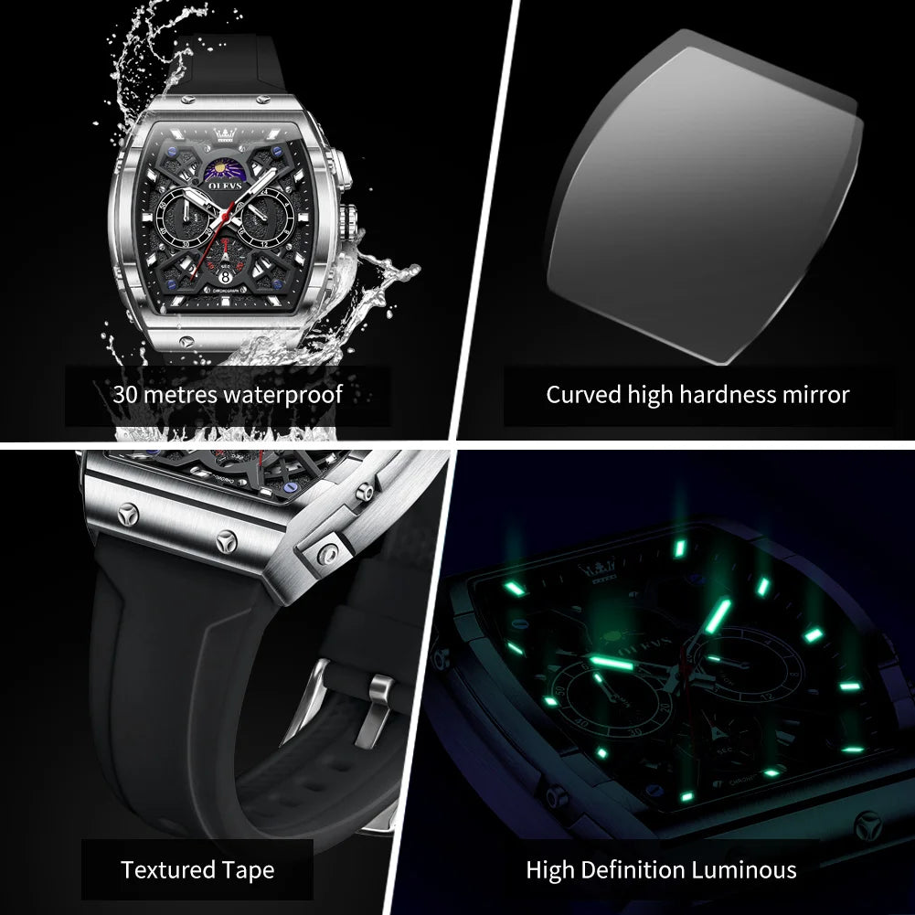 OLEVS 2942 New Mens Watch Original Quartz Watch Hollow Out Watches Waterproof Luminous Watches For Men Moon Phase Silicone Strap