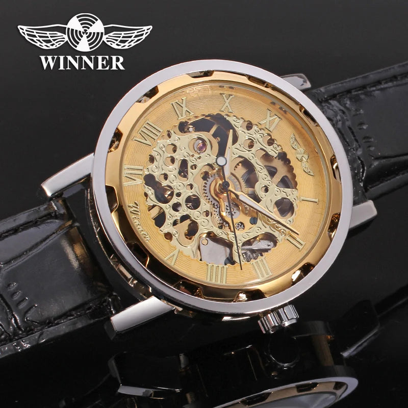 High quality Winner Gold Male Clock Transparent Skeleton Mechanical Watches for men Luxury Luminous Leather manual Wristwatch