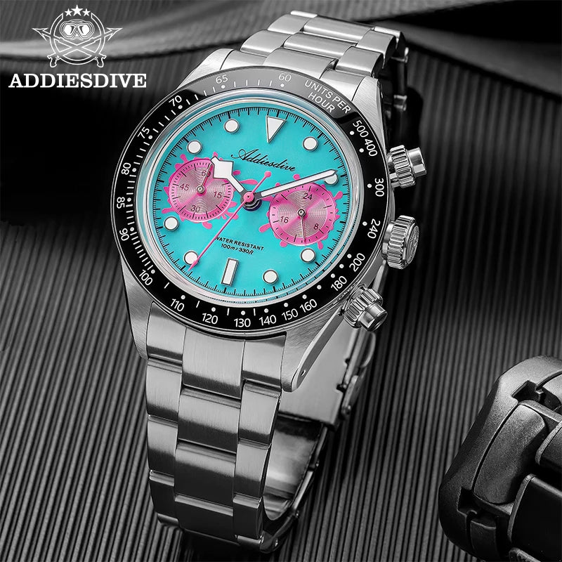 ADDIESDIVE Watches AD2520 Men VK64 Quartz Chronograph Watch Luminous Ceramic Bezel 40mm Bubble Glass 100m Waterproof Wristwatch