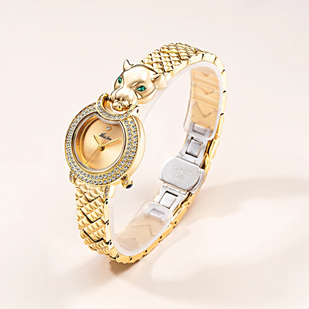 MISSFOX Leopard 3D Bling Diamond Quartz Women Watch Fashion Casual Ladies Watch Female Quartz Gold Watch Jewelry Women Clock