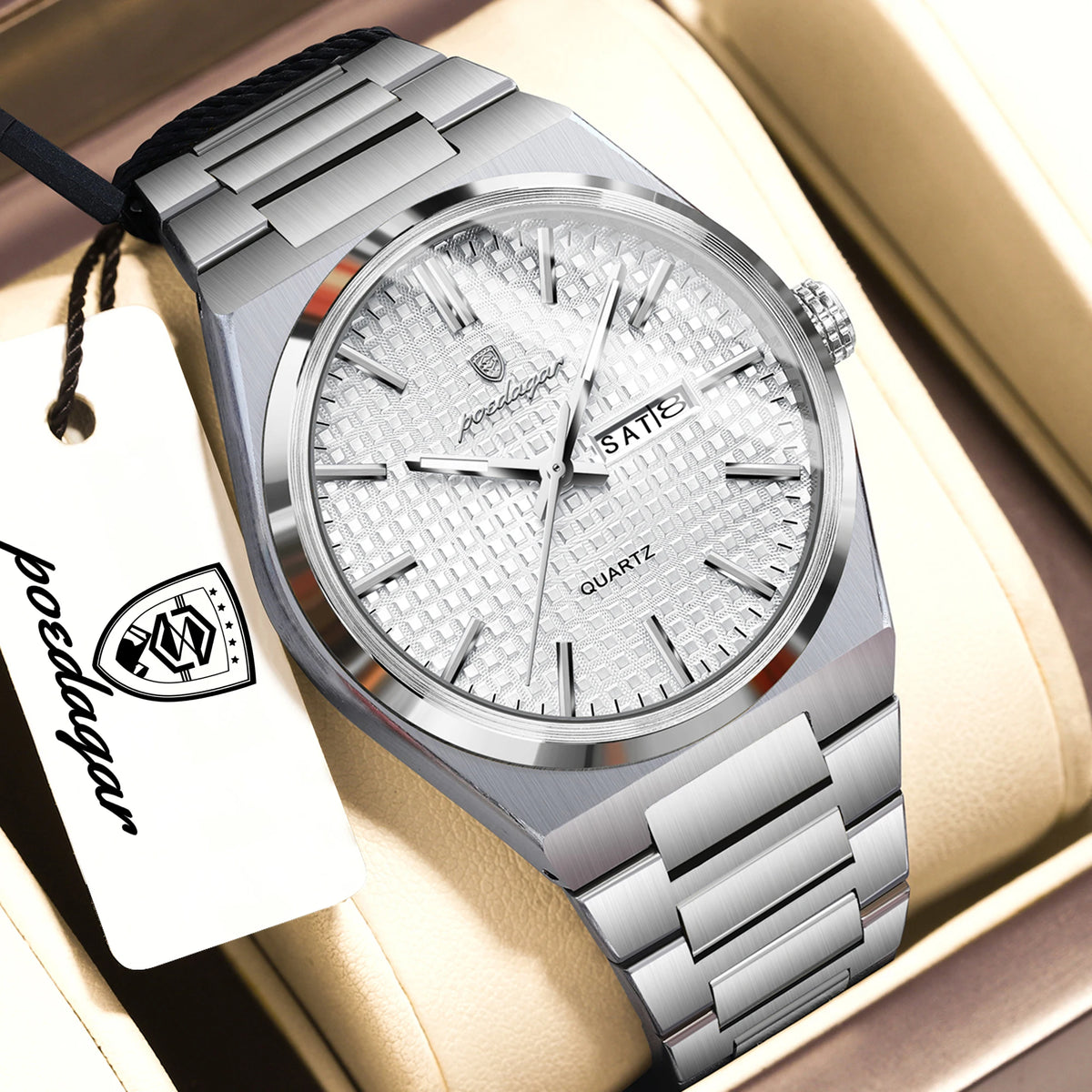 POEDAGAR Youth Fashion Men Clock Luminous Waterproof Stainless Steel Men's Watch Date Week Business Quartz Watches For Man Reloj