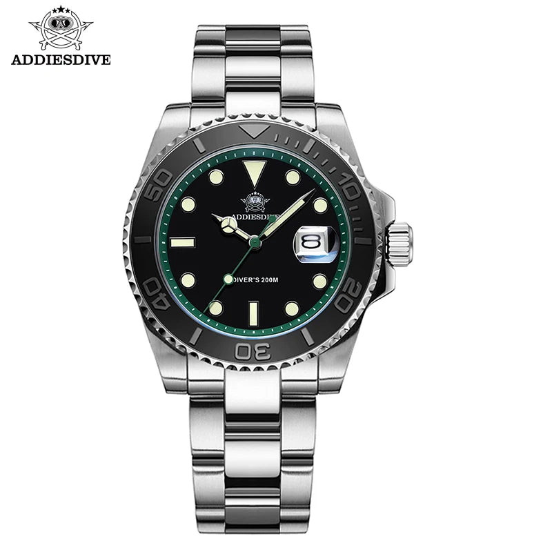 ADDIESDIVE Men's Dive Watch 200m Water Resistance BGW9 Super Luminous Ceramic Bezel Stylish Men's Stainless Steel Quartz Watch