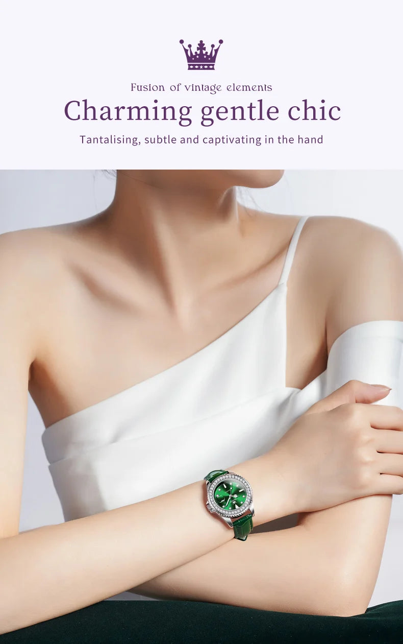 OLEVS 9945 Women's Watches Elegant Purple Full Diamond Dial Solid Stainless Steel Auto Date Waterproof Quartz Watch for Women