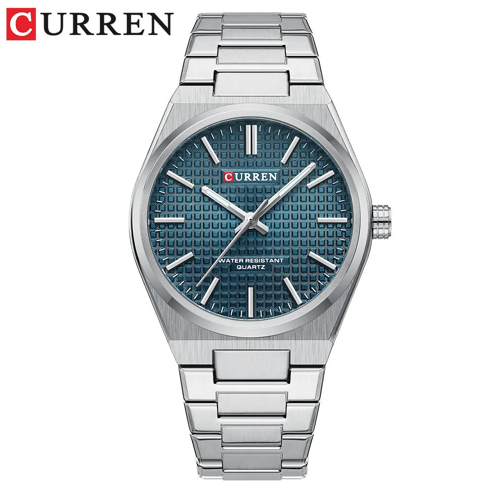 CURREN 8439 Men's Business Quartz Watch Minimalist Grid-Pattern Stainless Steel Strap Wristwatch with  Calendar Function