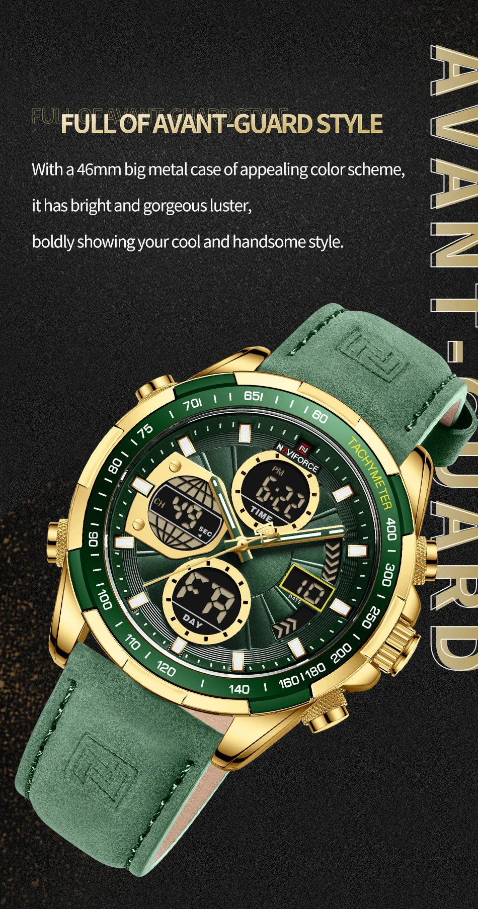 NAVIFORCE New Fashion Multifunctional Men Watches Top Brand Genuine Leather Waterproof Digital Analog Quartz Luminous Male Clock
