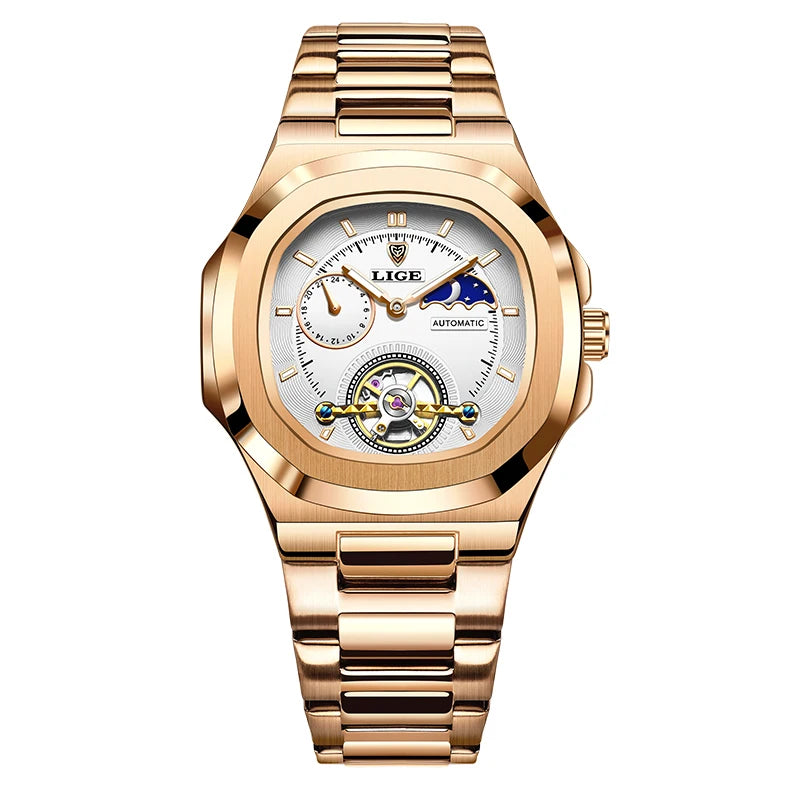 LIGE Mens Mechanical Watches Top Brand Luxury Square Automatic Watch For Men Waterproof Stainless Steel Clock Gift Montre Homme