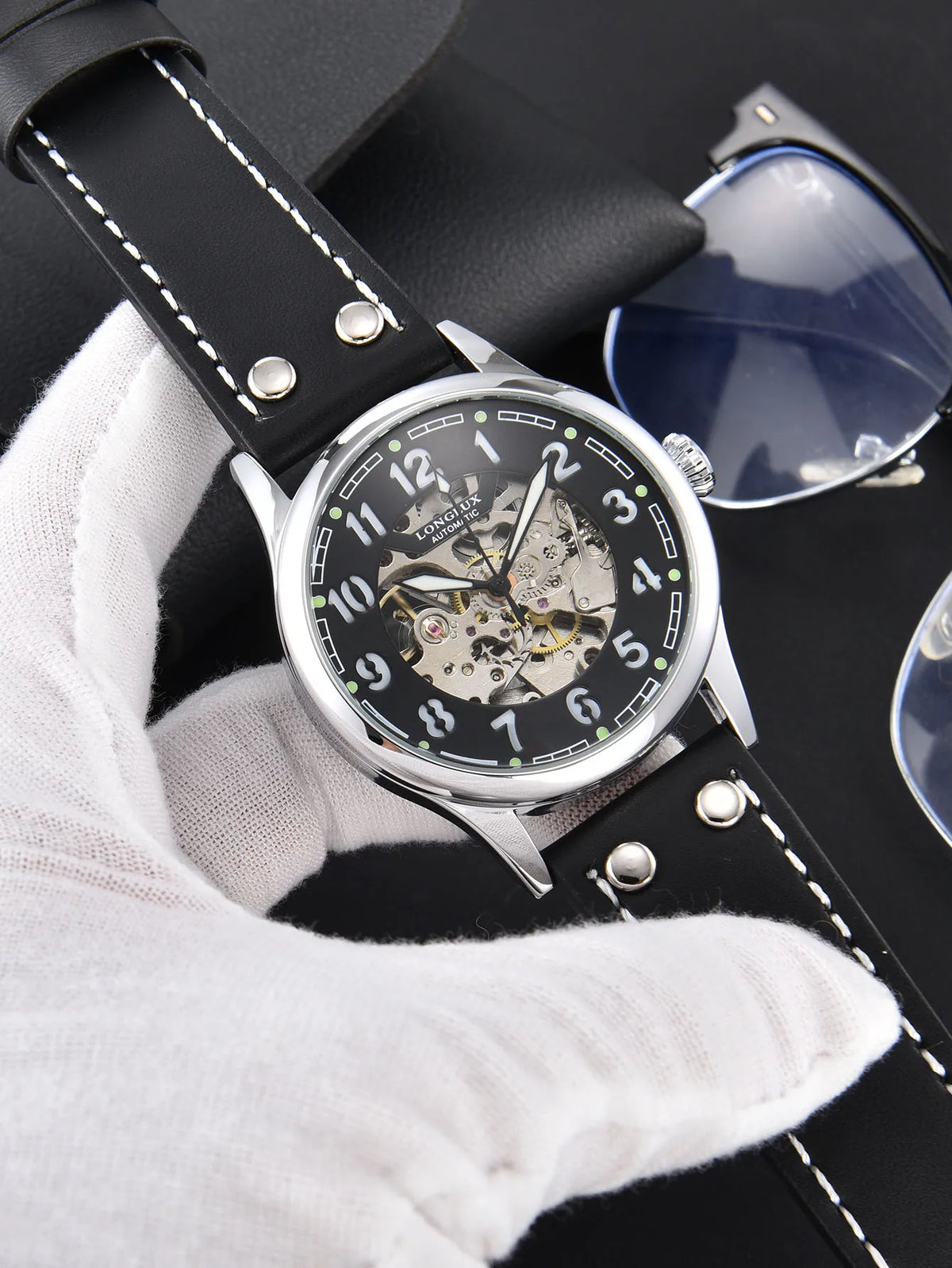 LONGLUX Men Automatic Watch Vintage Pilot Tough Guy Mechanical Watches Skeleton Waterproof Luminous Leather Gift