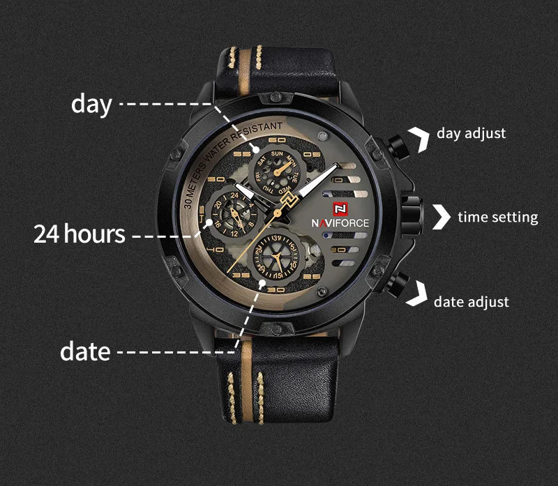 NAVIFORCE Men's Sports 24H Display Date Calendar Waterproof Watch Luminous Genuine Leather Strap Quartz Wristwatch Reloj Hombre