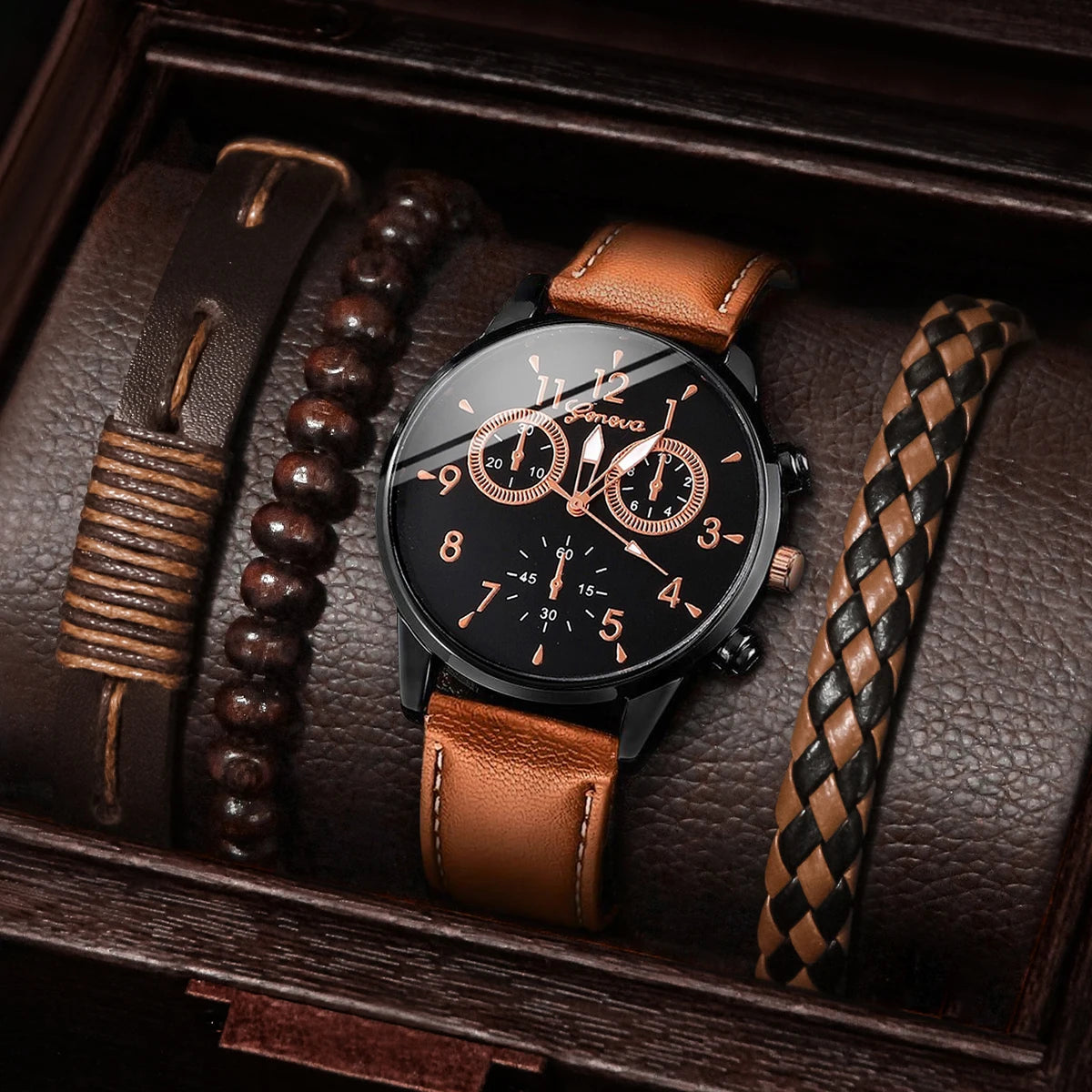 4 Pcs/Set Fashion Men's Casual Watches Men's Leather Bracelet Quartz Watch Man Present Bracelets Set (Without Box)