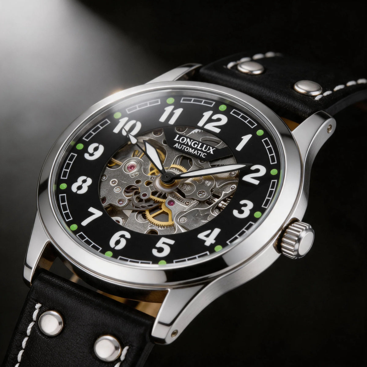 LONGLUX Men Automatic Watch Vintage Pilot Tough Guy Mechanical Watches Skeleton Waterproof Luminous Leather Gift
