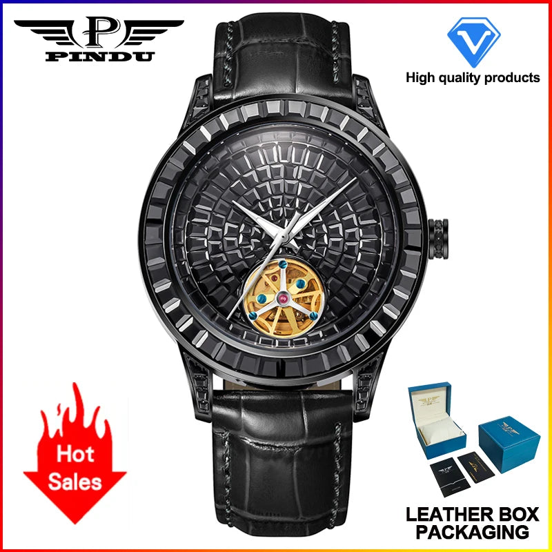 PINDU Brand Design New 43MM Mechanical Watch Men Diamond Dial Stainless Steel Waterproof TOP-Luxury Automatic Mechanical Watch