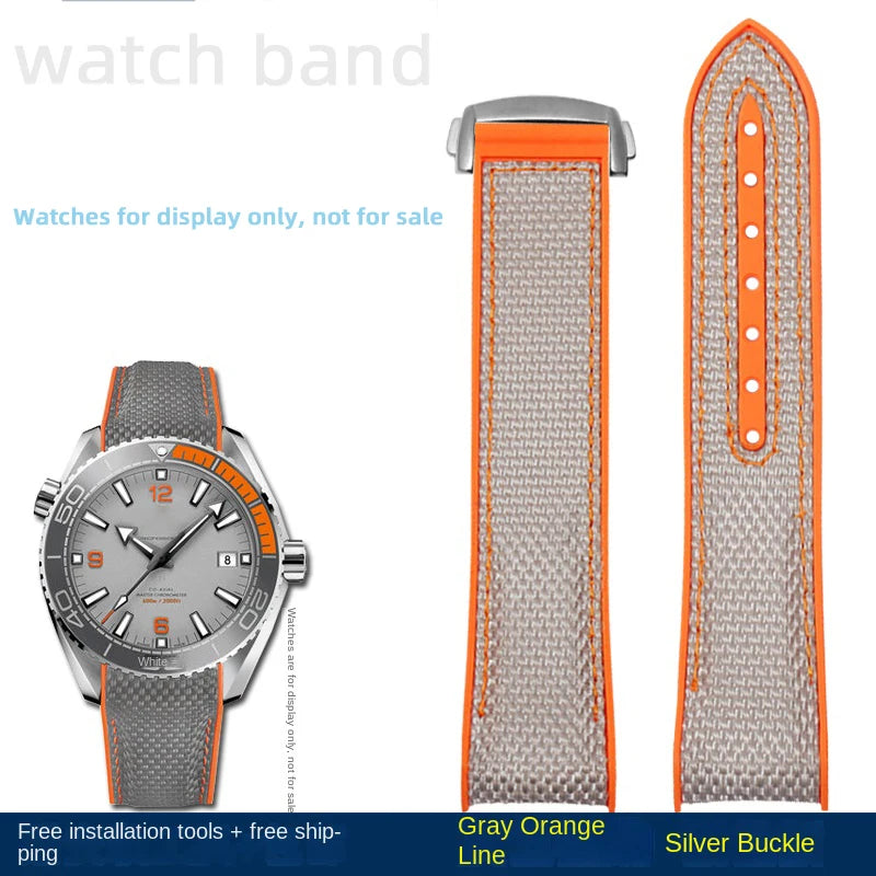 For Omega Planet Ocean 600 nylon strap 22mm AT150/007 quarter orange Seamaster 300 rubber strap curved waterproof men's bracelet