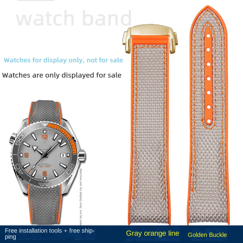 For Omega Planet Ocean 600 nylon strap 22mm AT150/007 quarter orange Seamaster 300 rubber strap curved waterproof men's bracelet