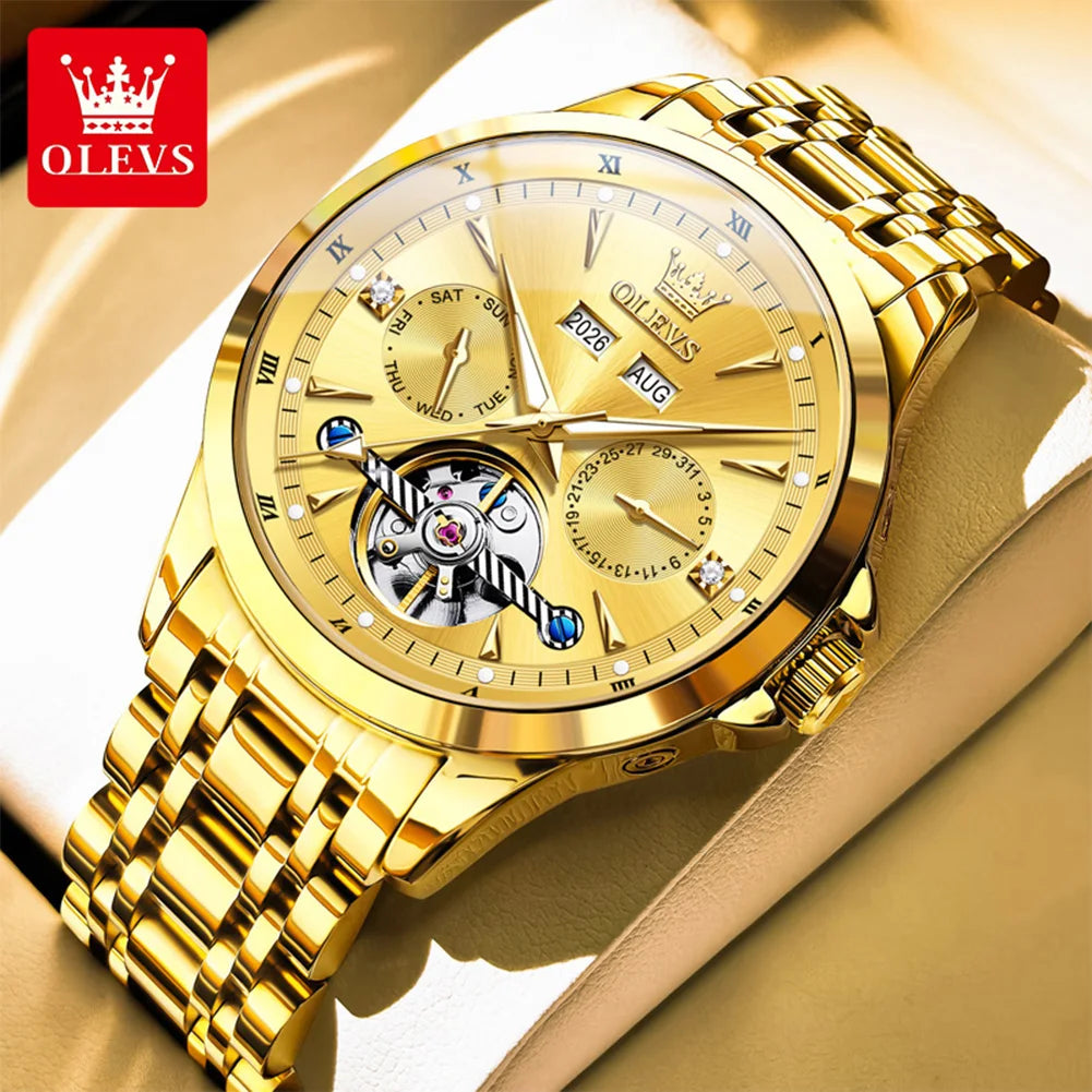 OLEVS 7091 Automatic Men's Watches Skeleton Flywheel Dual Calendar Stainless Steel Waterproof Luminous Mechanical Watch For Man