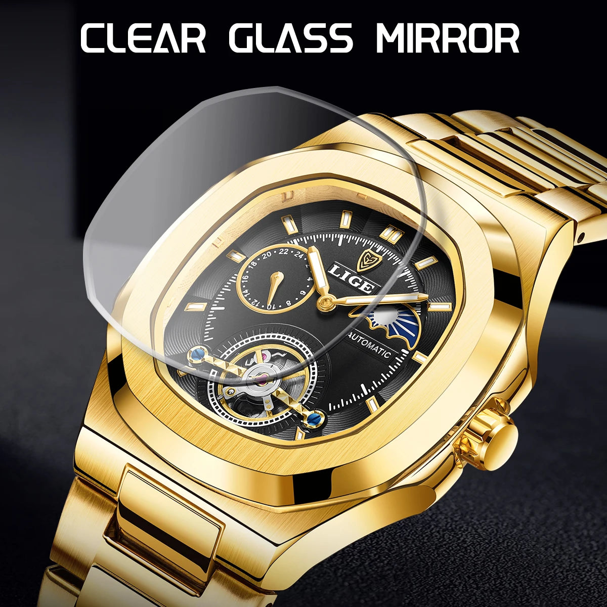 LIGE Mens Mechanical Watches Top Brand Luxury Square Automatic Watch For Men Waterproof Stainless Steel Clock Gift Montre Homme