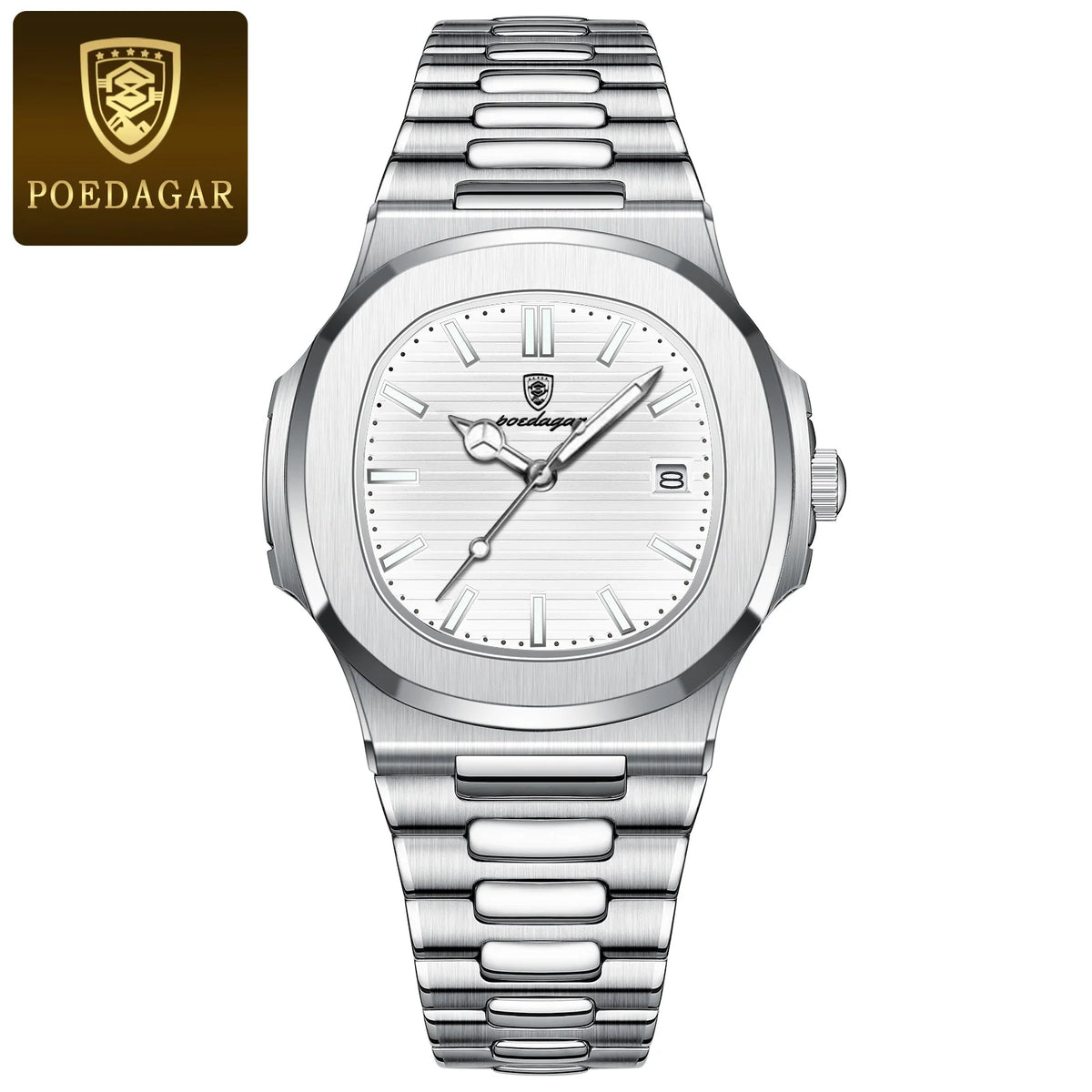 POEDAGAR Luxury Man Wristwatch Business Stainless Steel Quartz Men Watch Waterproof Luminous Date Square Men's Watches Clock+Box
