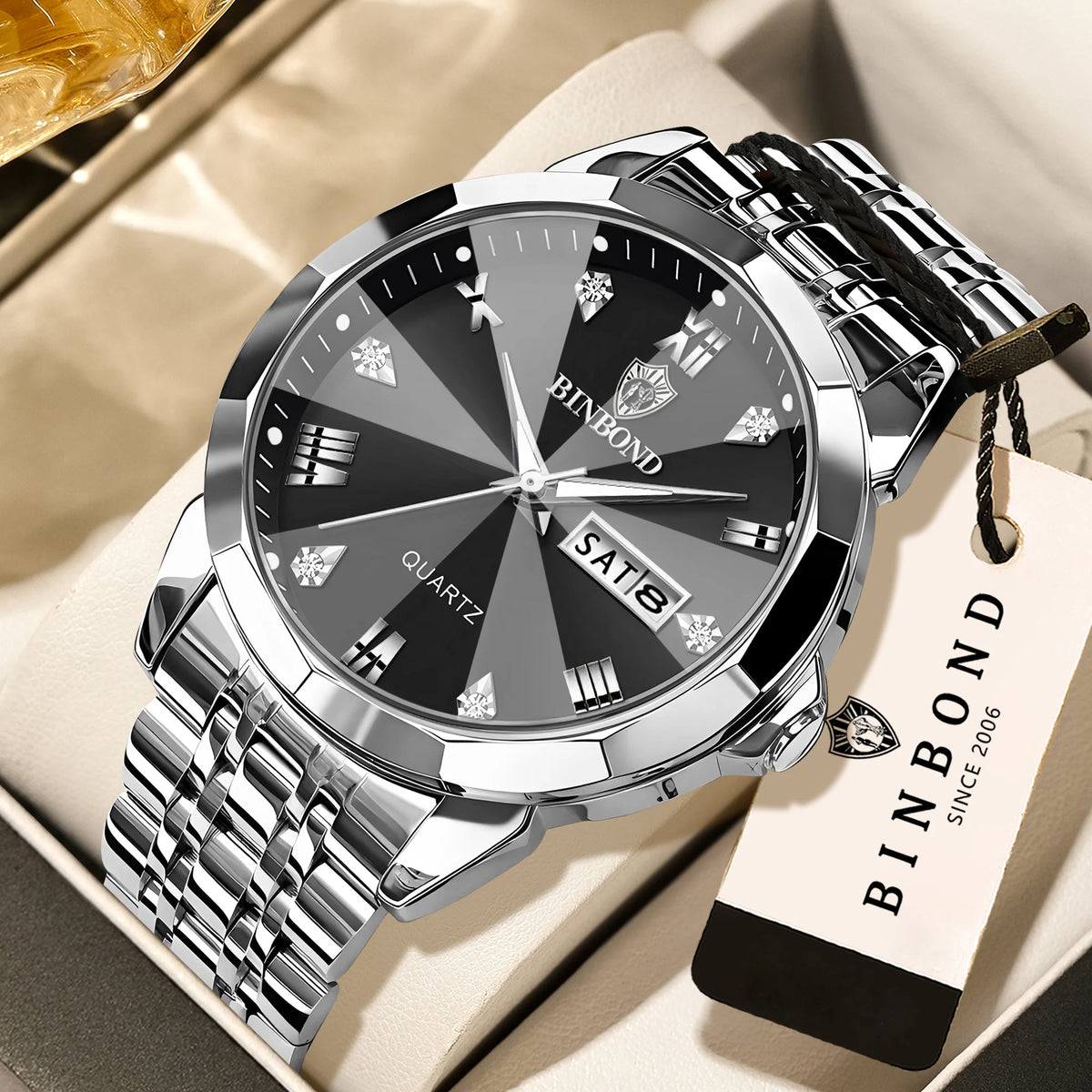 BINBOND Quartz Wristwatches For Men Luminous Waterproof Men's Watch Stainless Steel Original Reloj Para Hombre Todo +Box