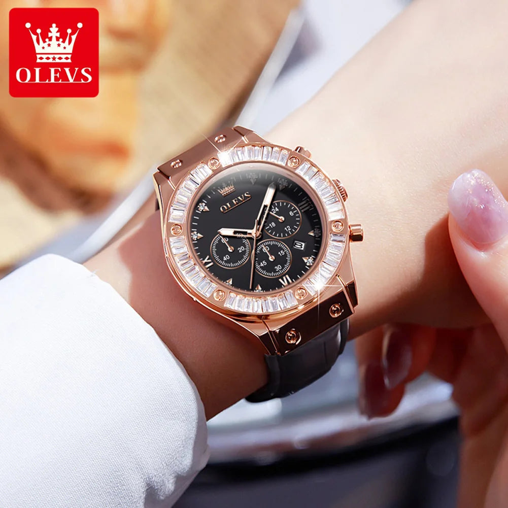 OLEVS Analog Quartz Watch for Women Leather Strap Waterproof Luxury Elegant Ladies' Watches Business Luxury Ladies Wristwatch