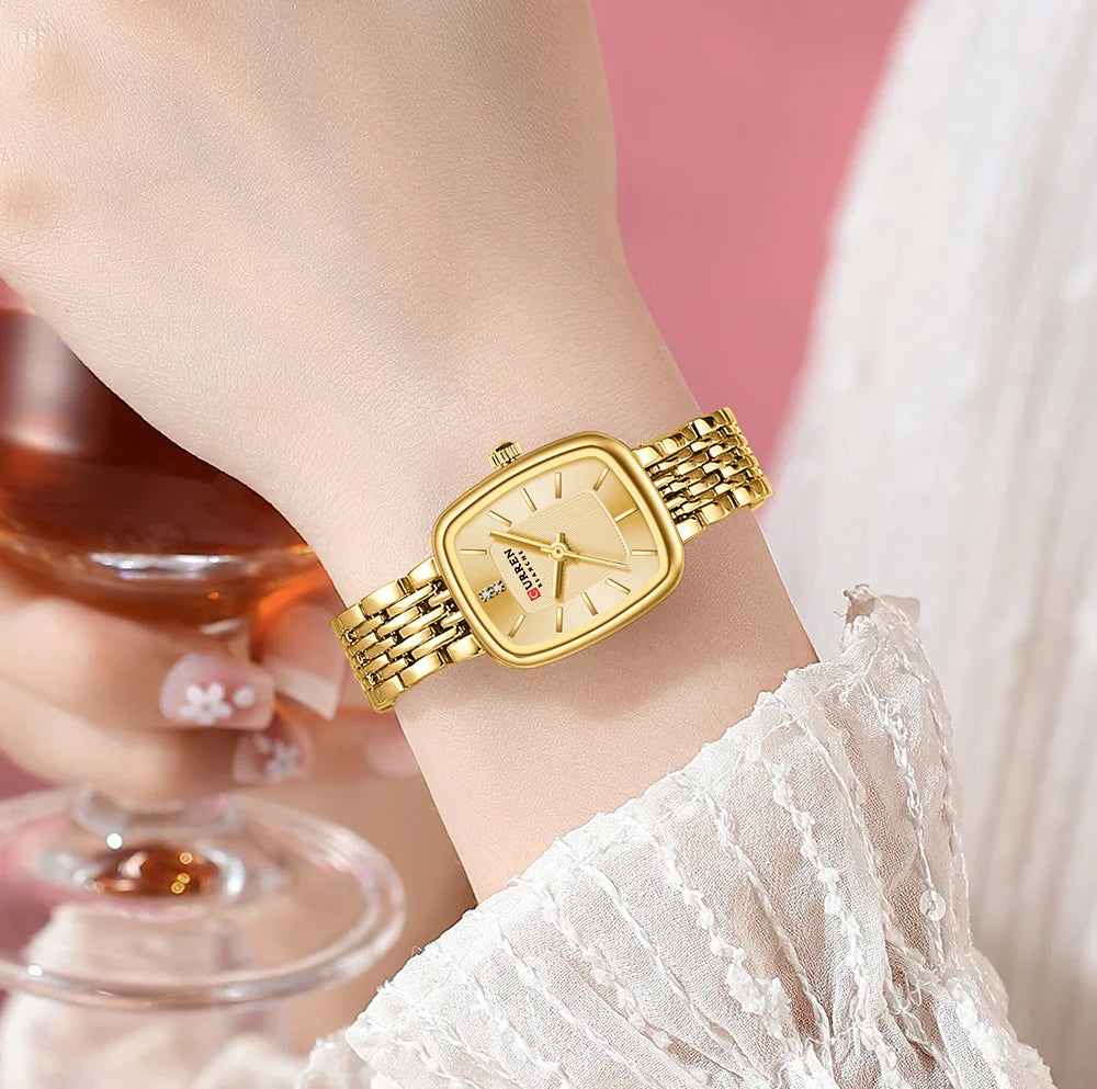 CURREN 9093 Fashion Quartz Women Watch Elegant Square Dial Gold Stainless Steel Strap Waterproof Leisure Ladies Business Watches