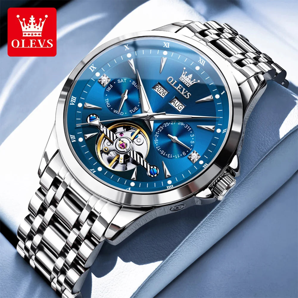OLEVS 7091 Automatic Men's Watches Skeleton Flywheel Dual Calendar Stainless Steel Waterproof Luminous Mechanical Watch For Man