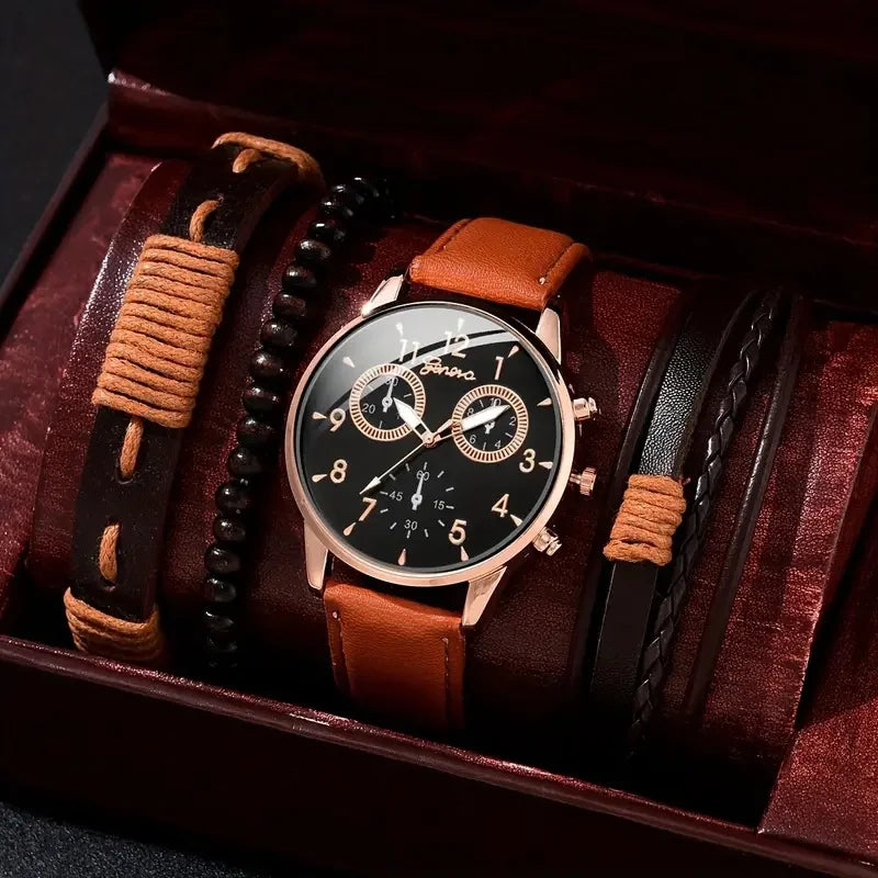 4 Pcs/Set Fashion Men's Casual Watches Men's Leather Bracelet Quartz Watch Man Present Bracelets Set (Without Box)