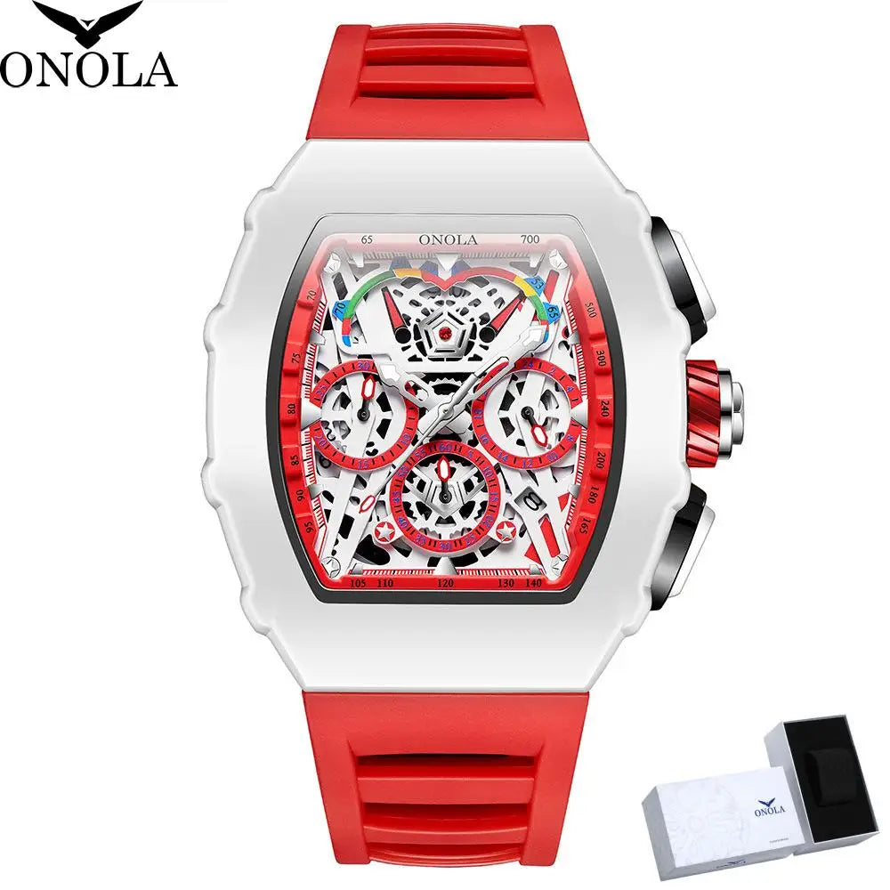 Gift Box for Man ONOLA 6827GM Trend White Quartz Wristwatch Silicone Strap Chronograph Luminous Waterproof Men Watch