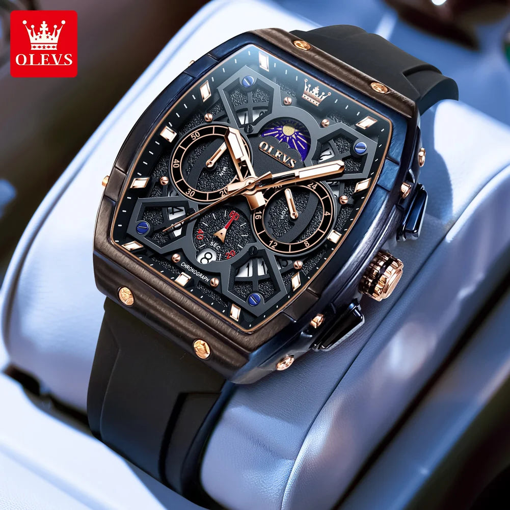 OLEVS 2942 New Mens Watch Original Quartz Watch Hollow Out Watches Waterproof Luminous Watches For Men Moon Phase Silicone Strap