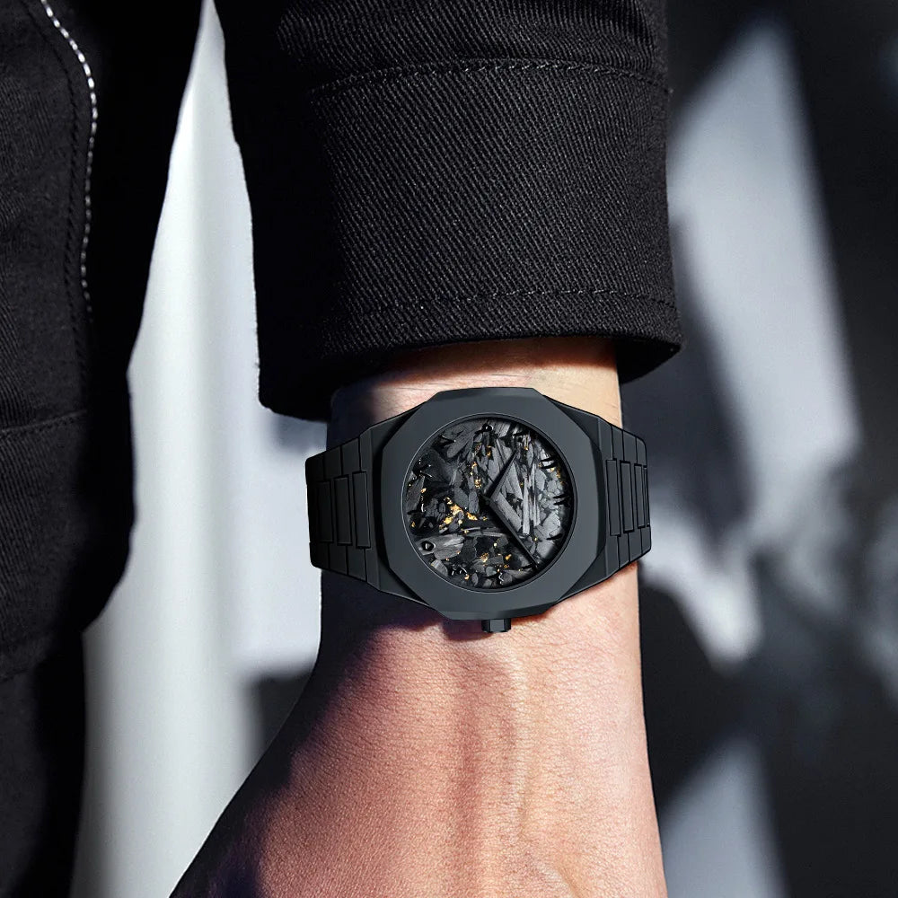 PINTIME New High-End Watches Black Quartz Watch Men's Trend Graffiti Art Quartz Watches Minimalist Business PC Strap