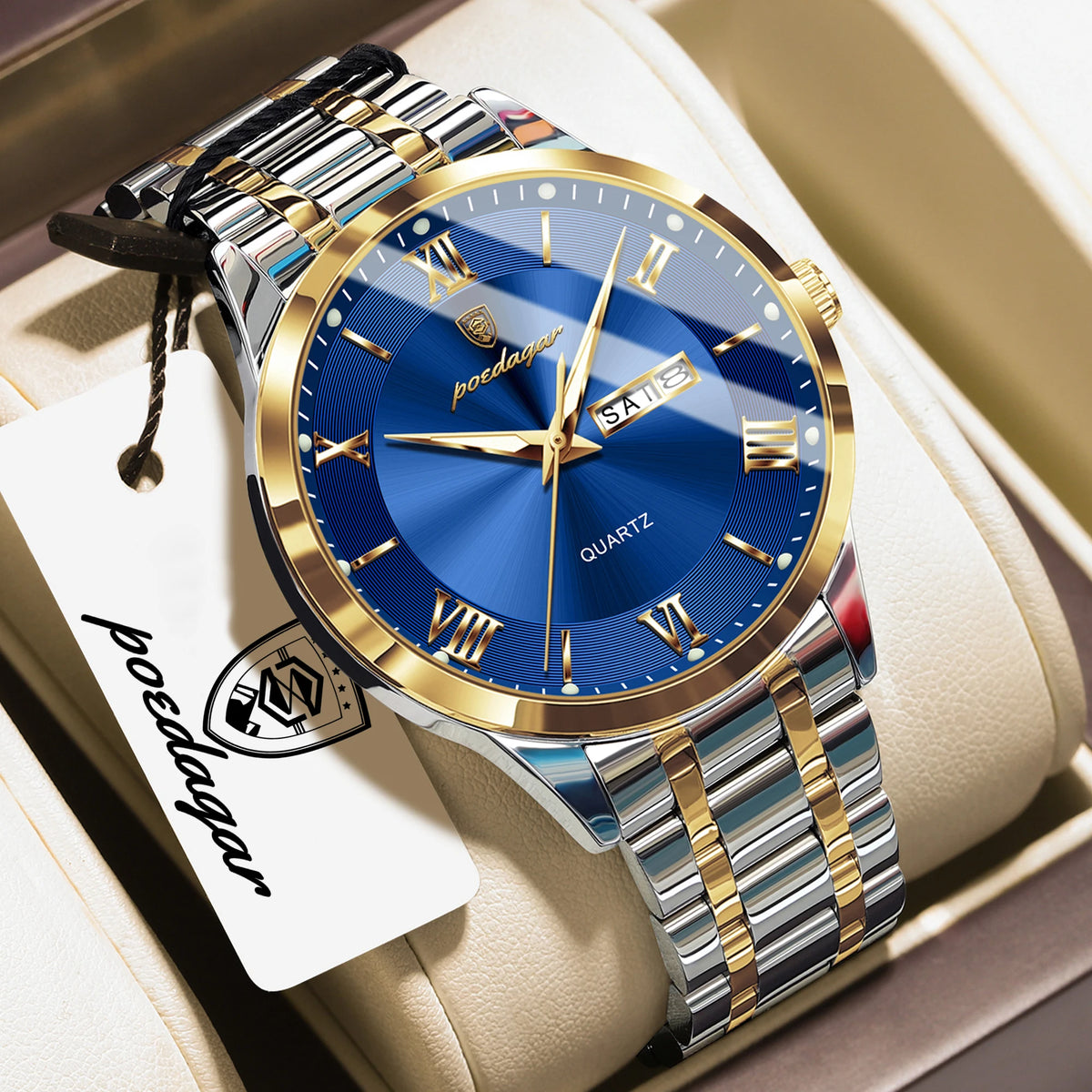 POEDAGAR Business Sports Man Wristwatch Waterproof Luminous Week Date Fashion Men's Clock Stainless Steel Quartz Watches For Men