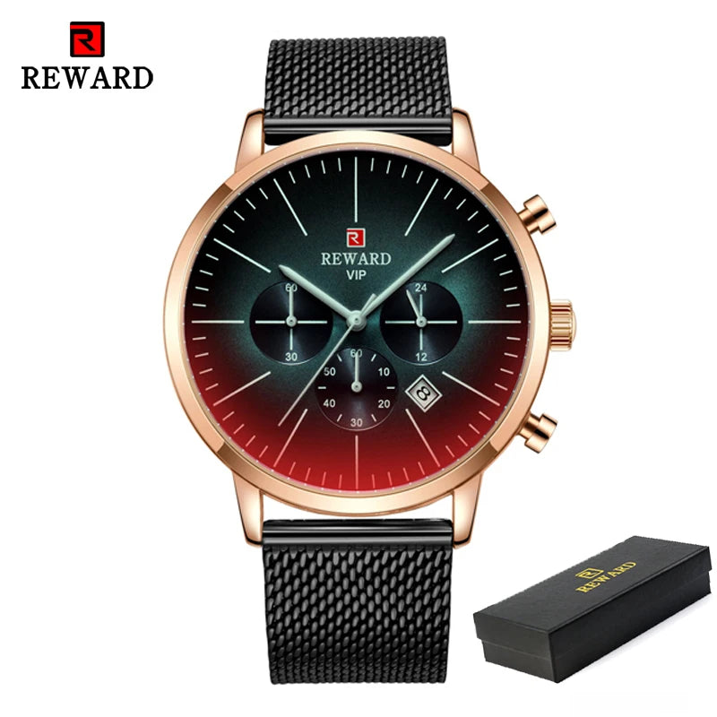 REWARD Men’s Watches Top Brand Sport Watch Luxury Men Stainless Steel Mesh Quartz Wrist Watches Chronograph Design Male Clock