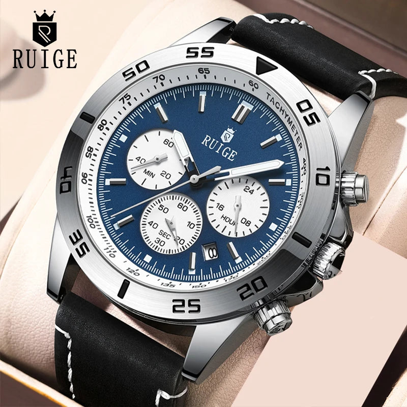 RUIGE Men's Watch Fashionable Men's Multi Functional Watch Waterproof Glow Leather Strap Wrist Watch