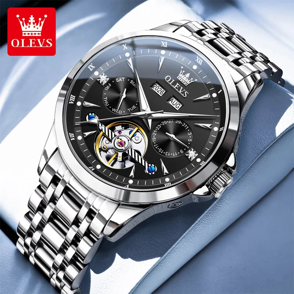 OLEVS 7091 Automatic Men's Watches Skeleton Flywheel Dual Calendar Stainless Steel Waterproof Luminous Mechanical Watch For Man