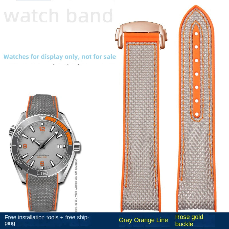 For Omega Planet Ocean 600 nylon strap 22mm AT150/007 quarter orange Seamaster 300 rubber strap curved waterproof men's bracelet