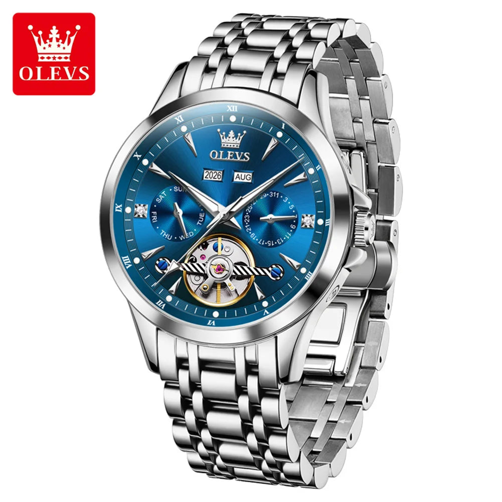 OLEVS 7091 Automatic Men's Watches Skeleton Flywheel Dual Calendar Stainless Steel Waterproof Luminous Mechanical Watch For Man