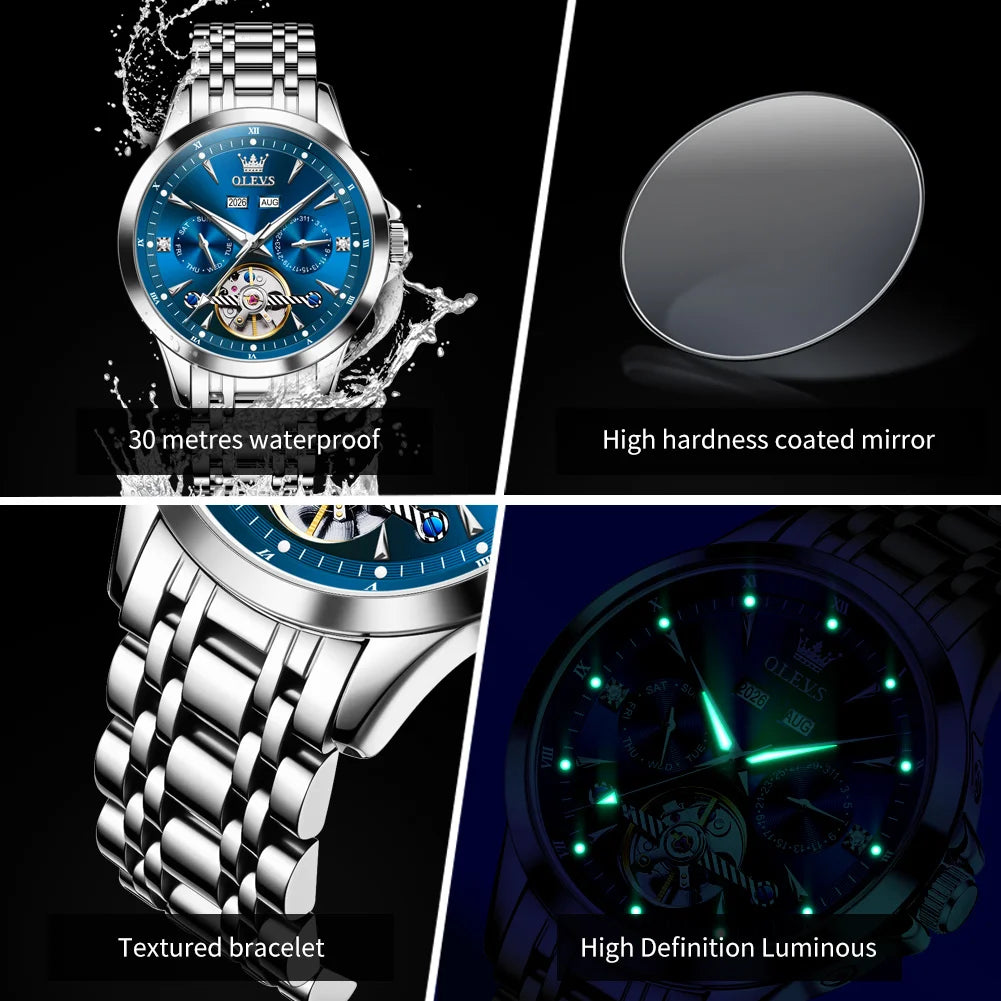 OLEVS 7091 Automatic Men's Watches Skeleton Flywheel Dual Calendar Stainless Steel Waterproof Luminous Mechanical Watch For Man