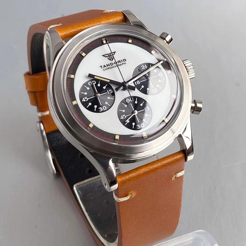 Luxury 38mm Tandorio Chronograph Quartz Men Watch VK63 Domed Glass Retro Business Clock Push Pull Crown